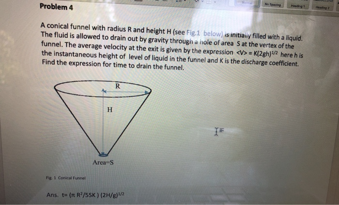 Solved Problem 4 No Spacing A conical funnel with radius R | Chegg.com