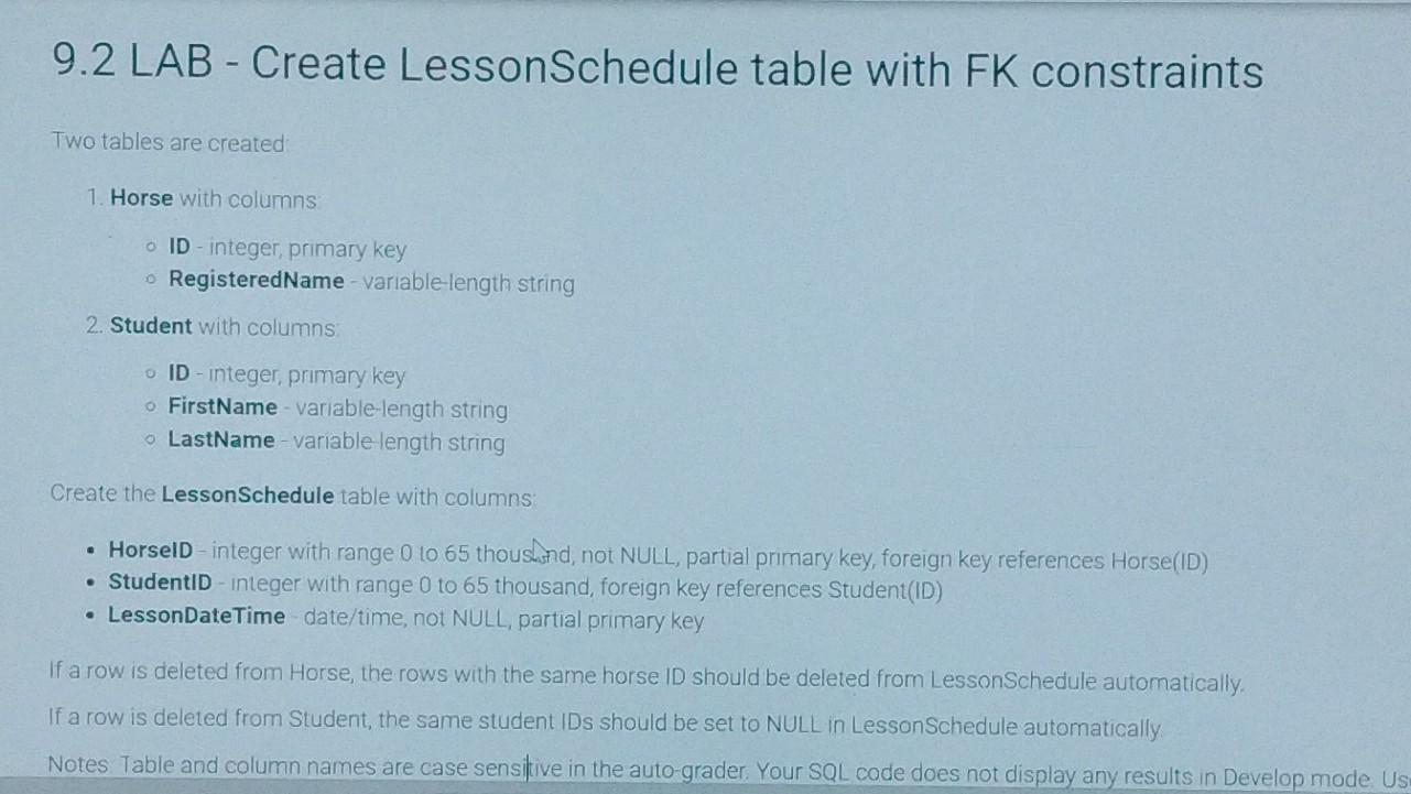Solved 9.2 lab- create lesson schedule table with FK | Chegg.com