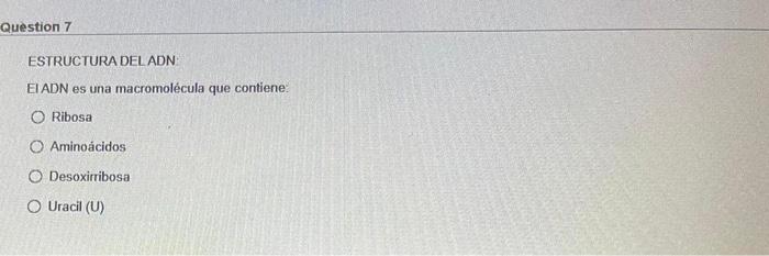 Question 7 ESTRUCTURA DEL ADN EI ADN es una macromolécula que contiene: Ribosa O Aminoácidos O Desoxirribosa Uracil (U)