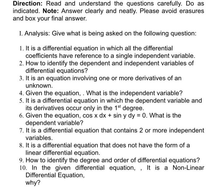 Solved Direction: Read and understand the questions | Chegg.com