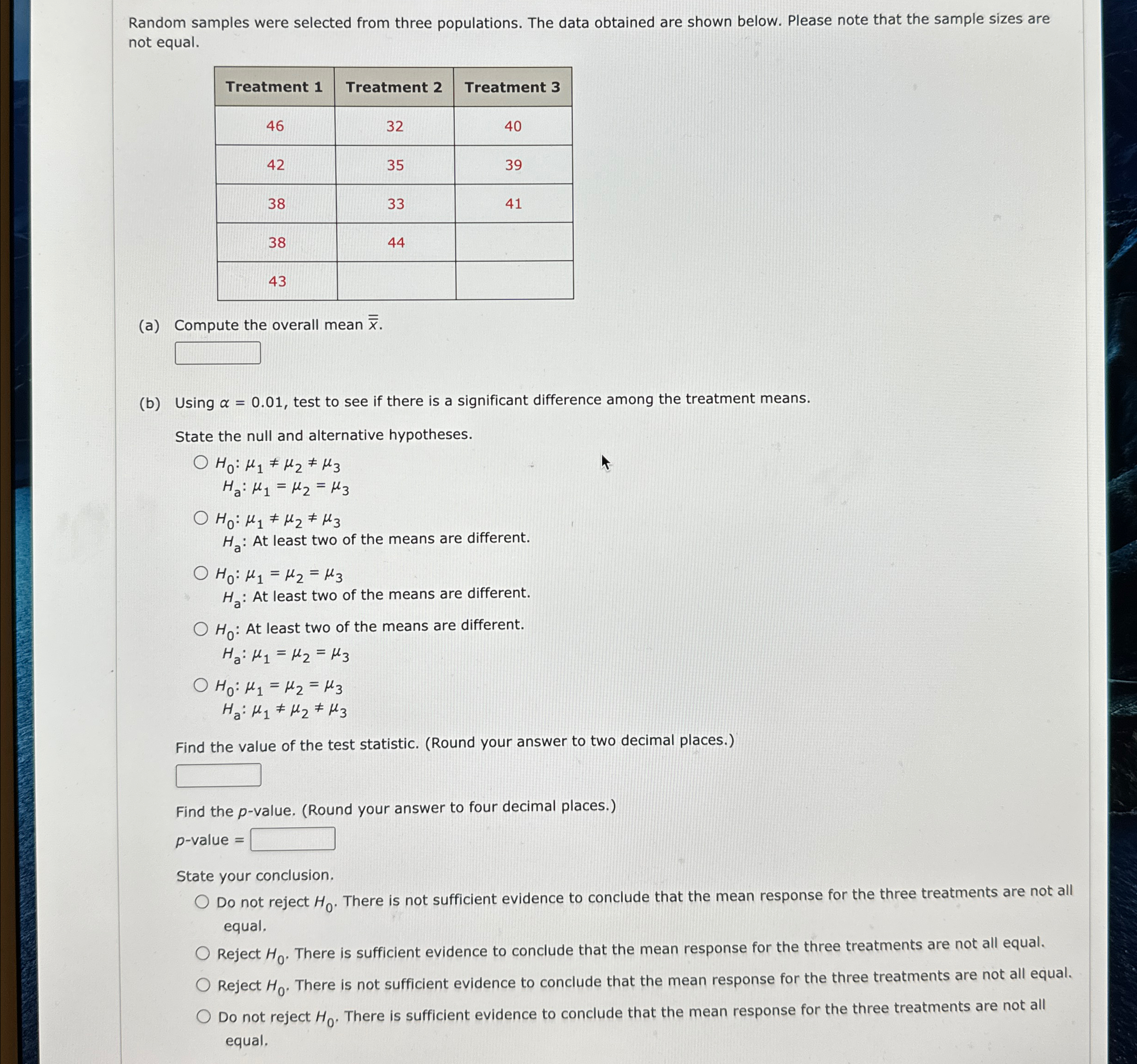 Solved Random samples were selected from three populations. | Chegg.com