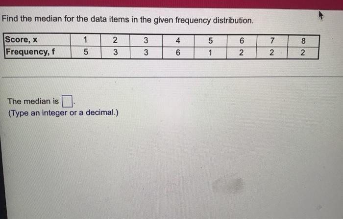 Solved Find the median for the data items in the given | Chegg.com
