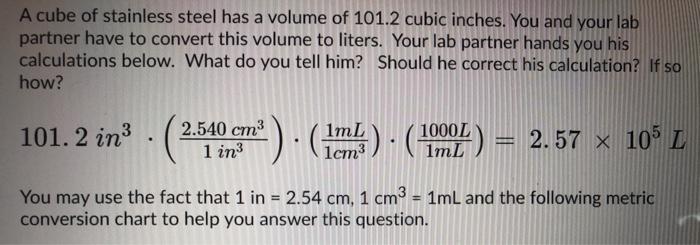 Solved A Cube Of Stainless Steel Has A Volume Of 101 2 Cubic Chegg Com