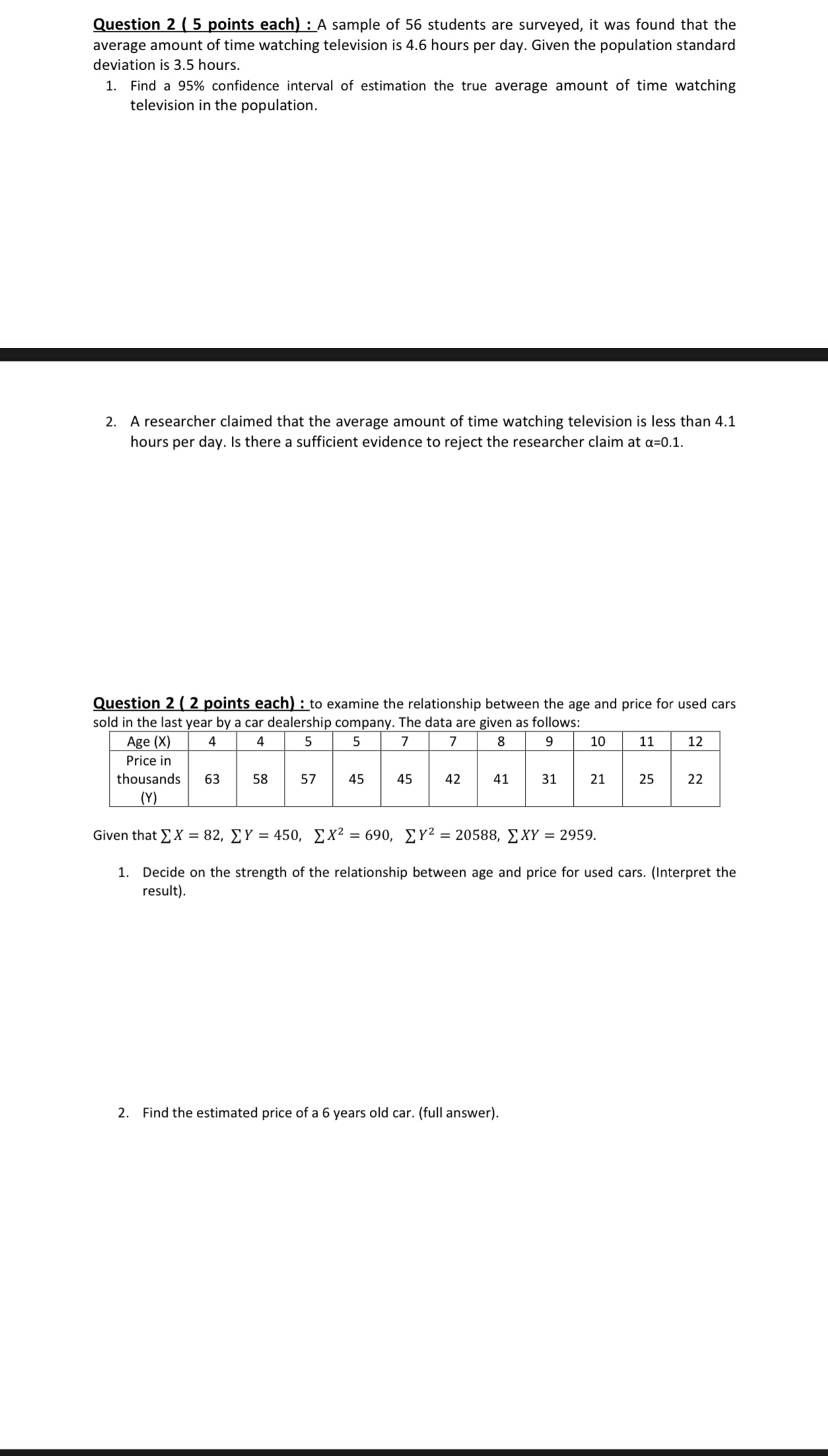 Solved Question 2 ( 5 ﻿points each) ﻿: A sample of 56 | Chegg.com