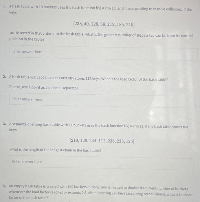 Solved 1. A hash table with 10 buckets uses the hash | Chegg.com