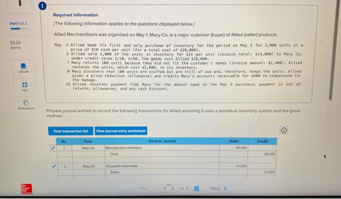 Solved Part 1 of 2 33.33 points Required information (The | Chegg.com
