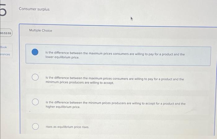 Solved Consumer surplus Multiple Choice is the difference | Chegg.com