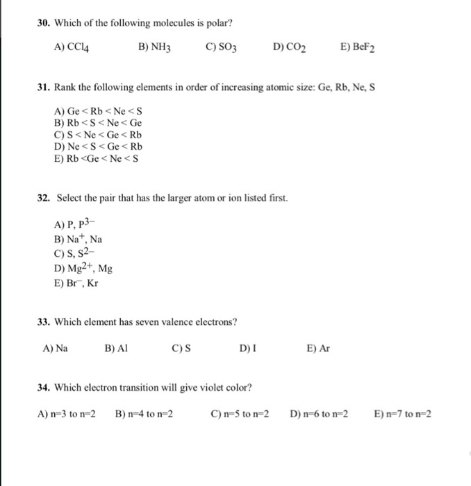 Solved 30. Which of the following molecules is polar? A) | Chegg.com