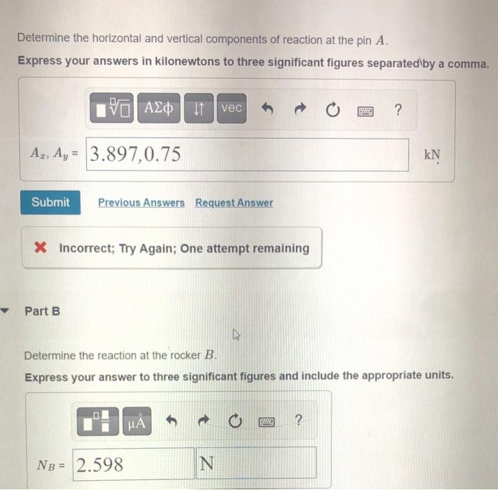 Determine the horizontal and vertical components of reaction at the pin \( A \).
Express your answers in kilonewtons to three