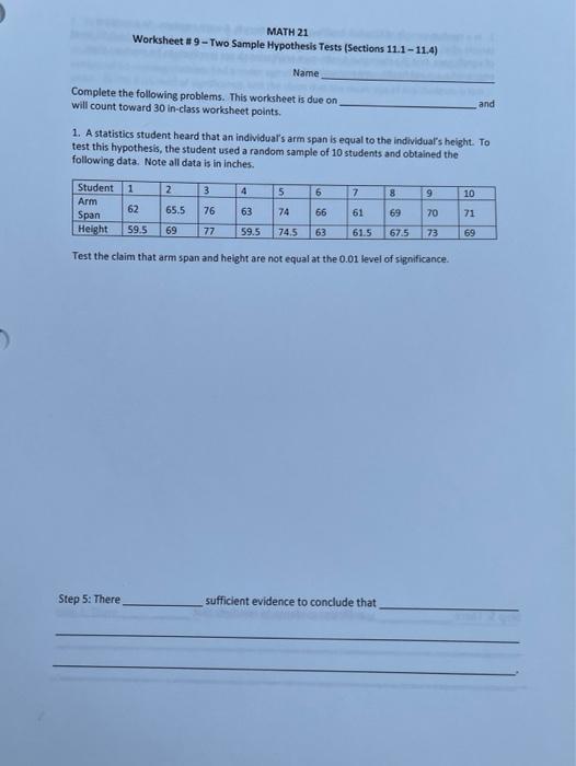 Solved MATH 21 Worksheet # 9-Two Sample Hypothesis Tests | Chegg.com