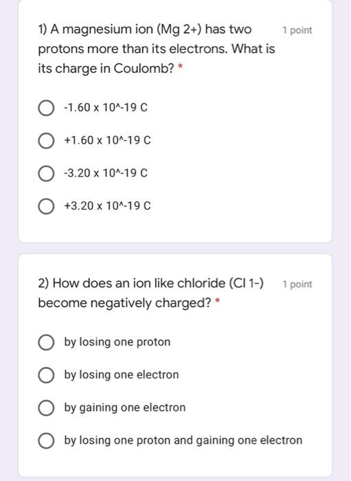 Solved 1 point 1) A magnesium ion (Mg 2+) has two protons