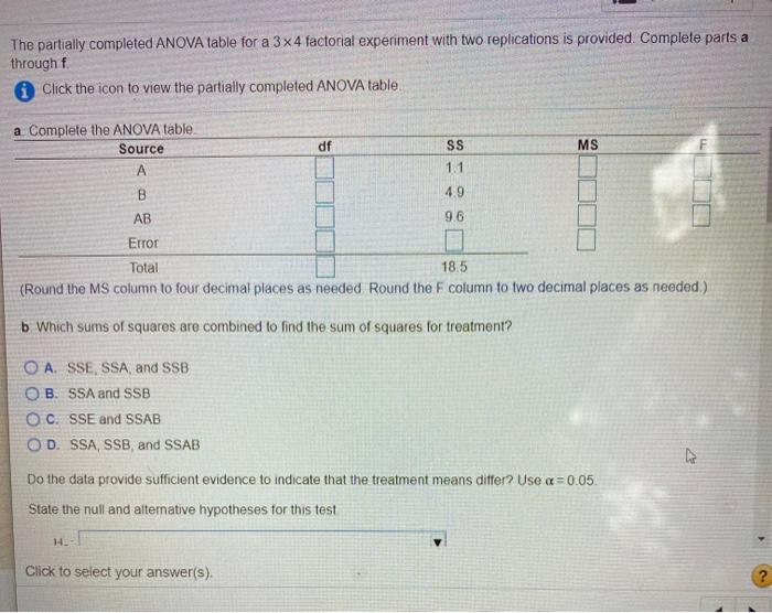 Solved The partially completed ANOVA table for a 3 x 4 | Chegg.com
