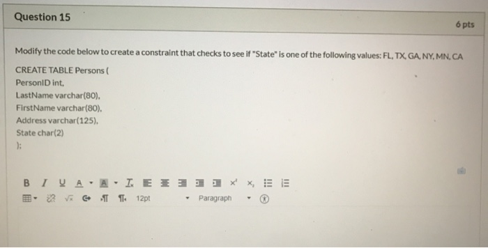 Solved Question 15 6 pts Modify the code below to create a | Chegg.com