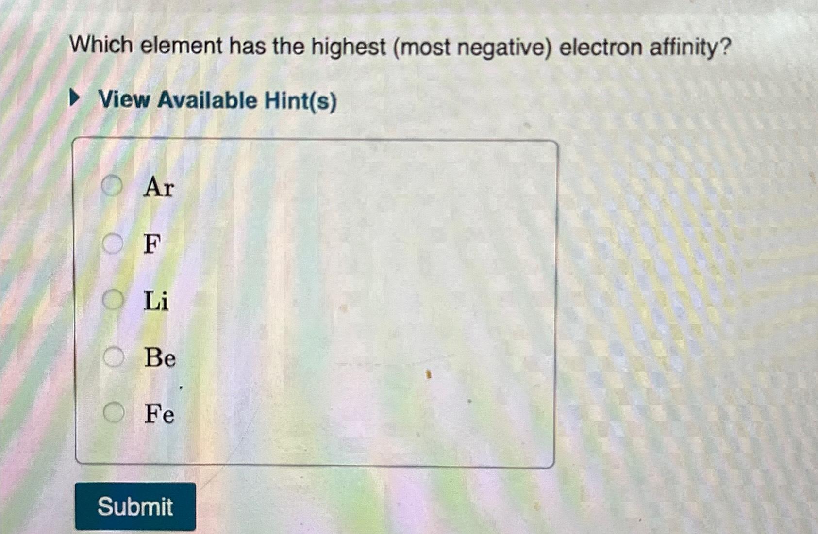 Solved Which element has the highest (most negative) | Chegg.com