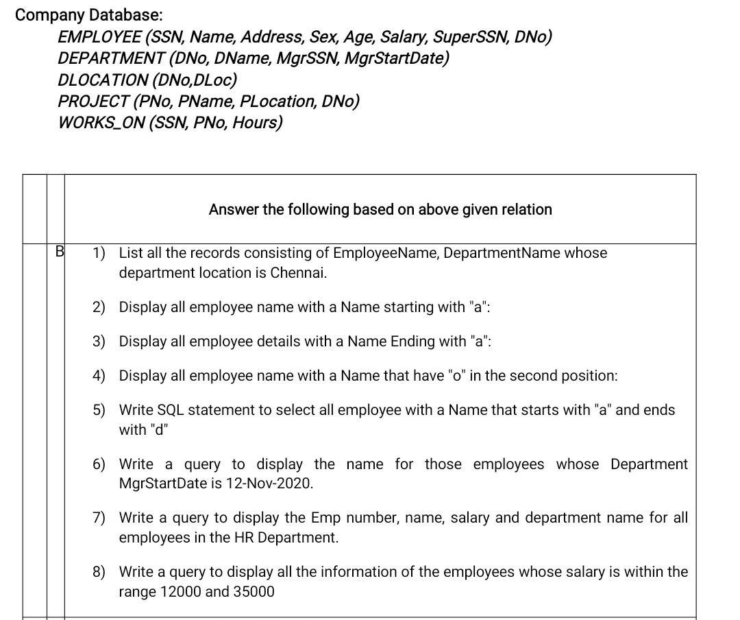 Solved Company Database: EMPLOYEE (SSN, Name, Address, Sex, | Chegg.com