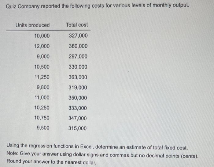 Solved Quiz Company reported the following costs for various | Chegg.com