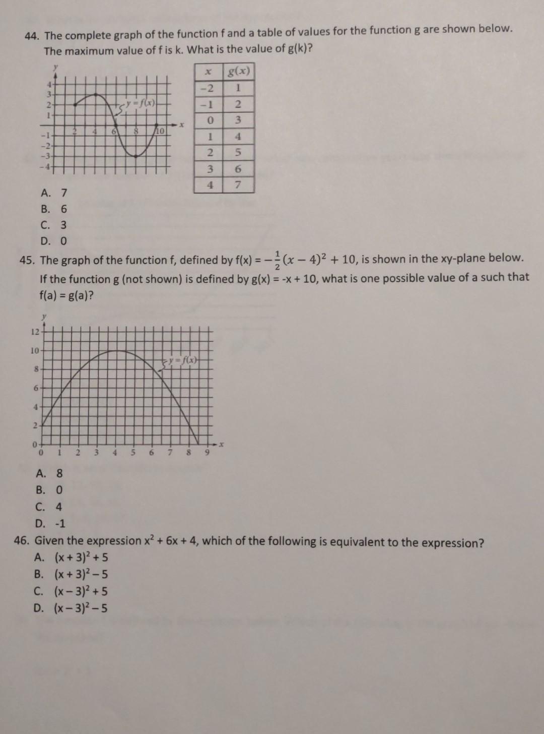 Solved 44. The complete graph of the function f and a table | Chegg.com