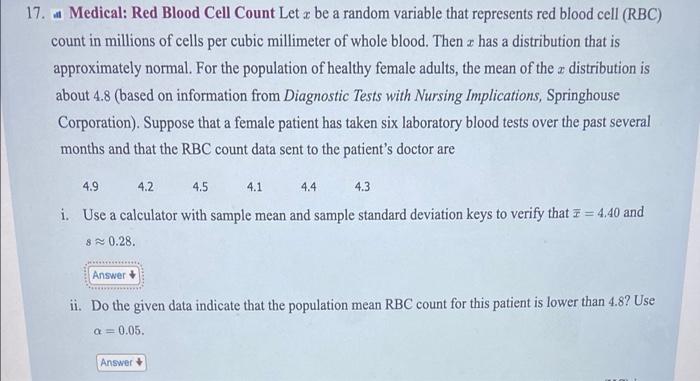 Solved 2 a 2 17. . Medical: Red Blood Cell Count Let be a | Chegg.com