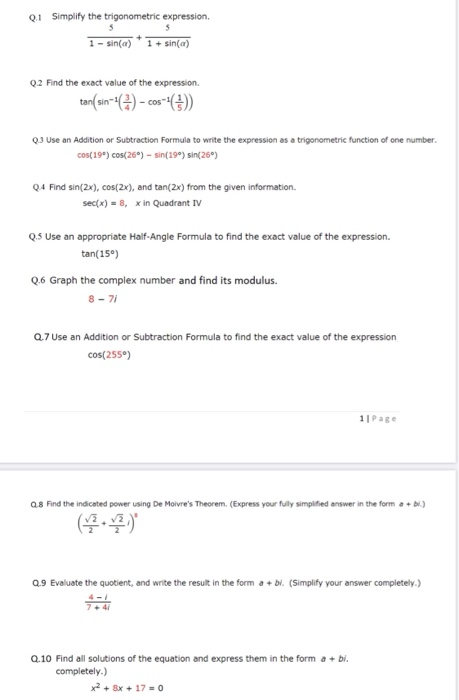 Solved QI Simplify the trigonometric expression. 1 - sin(a) | Chegg.com