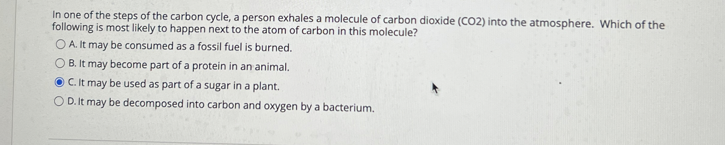 Solved In one of the steps of the carbon cycle, a person | Chegg.com