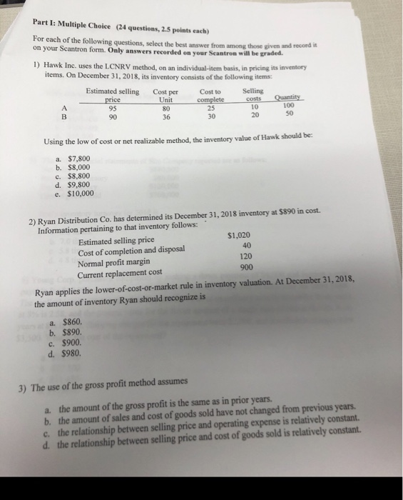 Solved Part I: Multiple Choice (24 questions, 2.5 points | Chegg.com