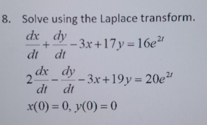 Solved + 8. Solve using the Laplace transform. dx dy :- | Chegg.com