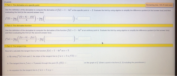 Solved (1 point) - Part 1 The derivative at a specific point | Chegg.com