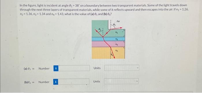 Solved In the figure, light is incident at angle θ1=38∘ on a | Chegg.com