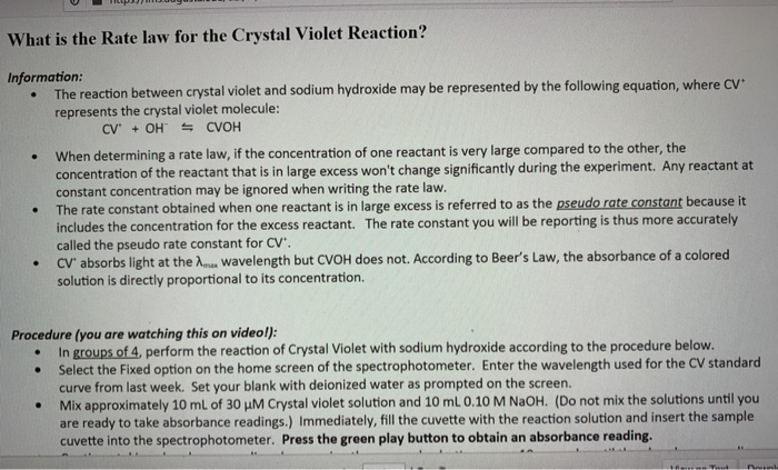 Solved What is the Rate law for the Crystal Violet Reaction? | Chegg.com