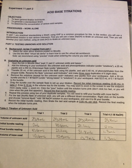 Experiment 11 part 2 ACID BASE TITRATIONS OBJECTIVES