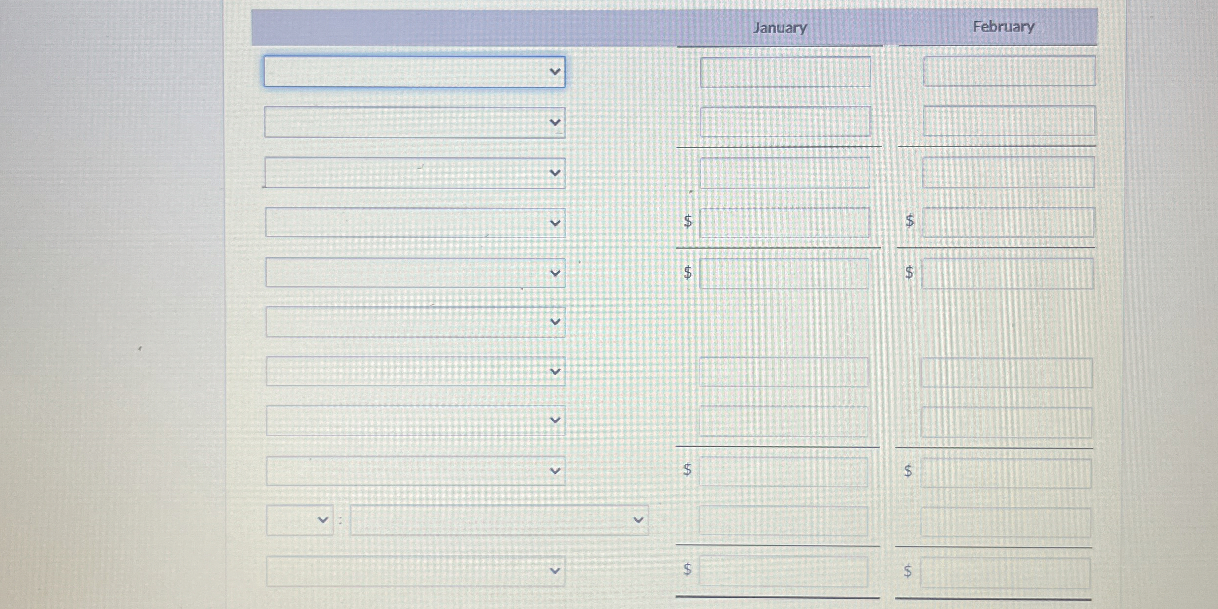\table[[,January,February,March,April,May],[Budgeted | Chegg.com