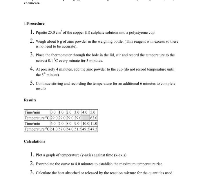Solved Procedure 1. Pipette 25.0 cm3 of the copper (II)