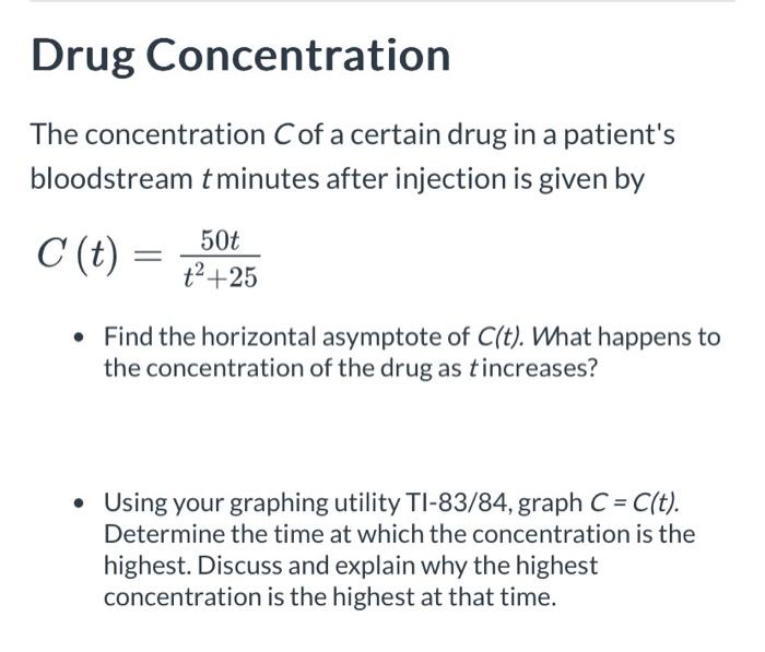 Solved The concentration C of a certain drug in a patient's | Chegg.com