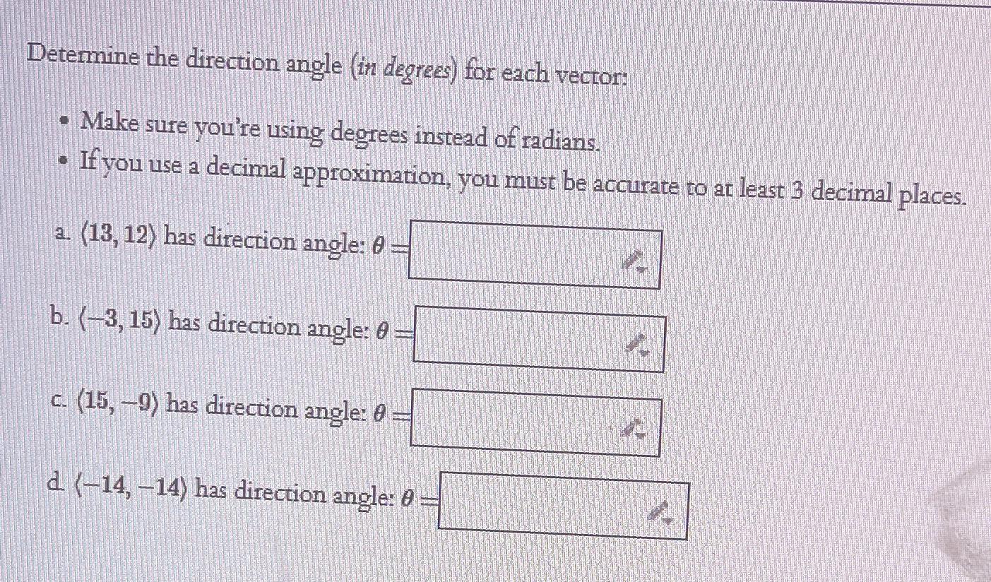 Solved Determine the direction angle (in degrees) ﻿for each | Chegg.com
