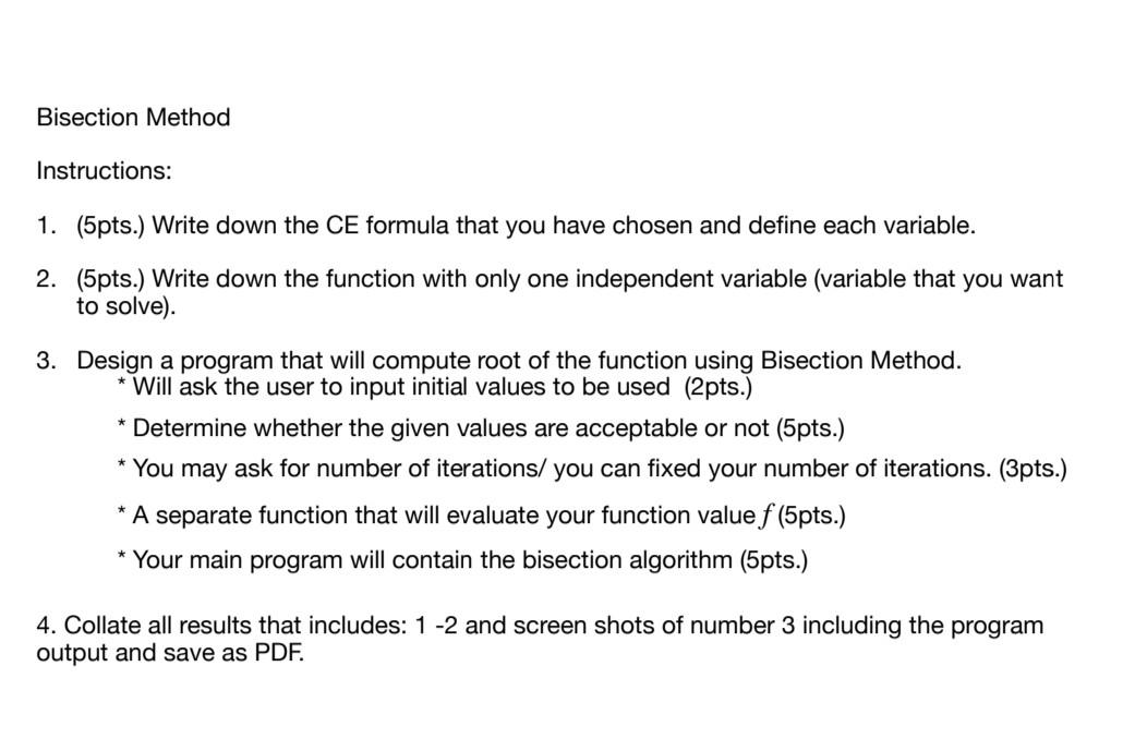 Solved Bisection Method Instructions: 1. (5pts.) Write down | Chegg.com