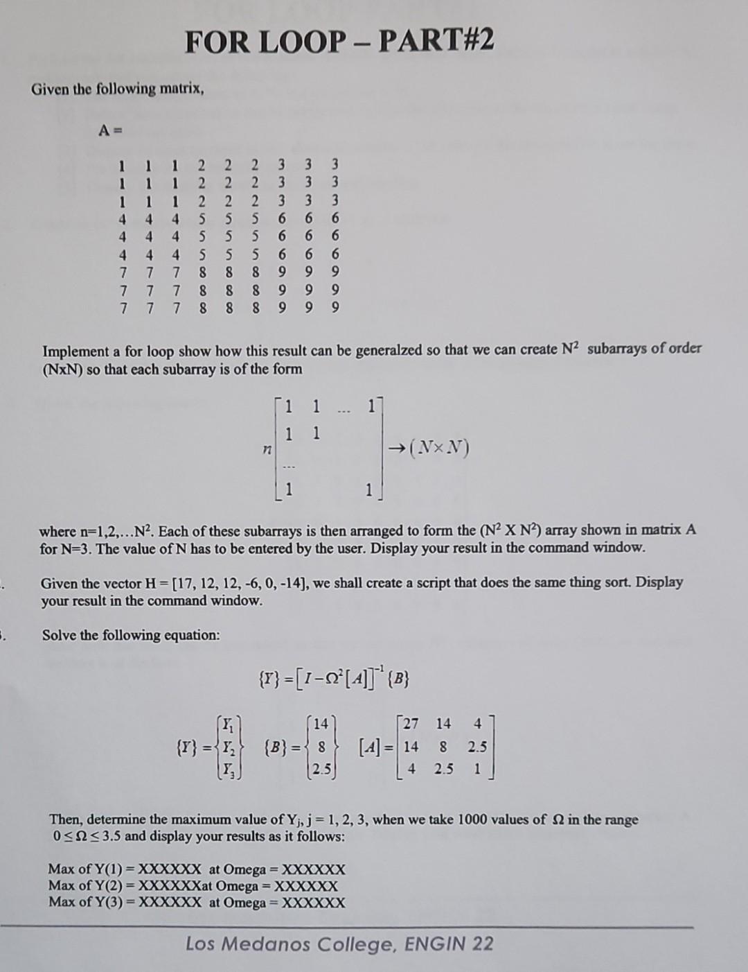 Given the following matrix, A= Implement a for loop | Chegg.com