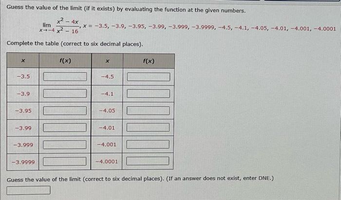 Guess the value of the limit (if it exists) by evaluating the function at the given numbers.
\[
\lim _{x \rightarrow-4} \frac