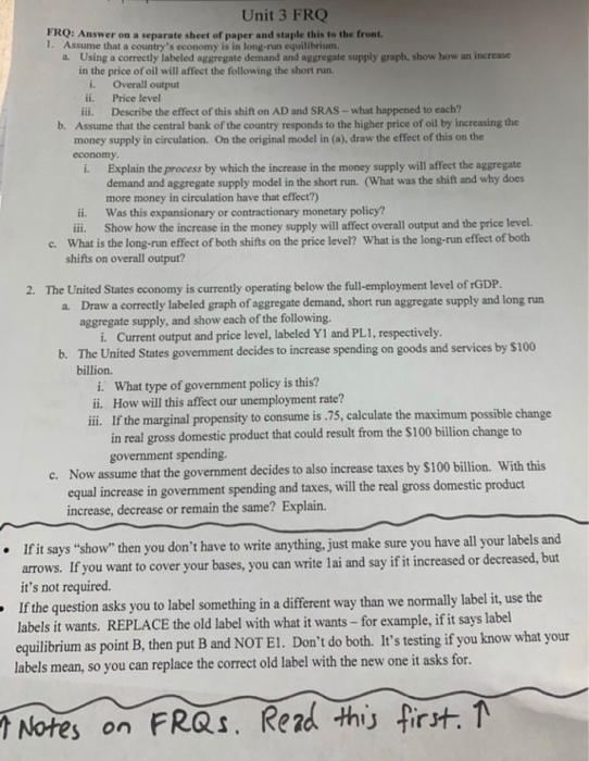 Solved Unit 3 FRQ FRQ: Answer on a separate sheet of paper | Chegg.com