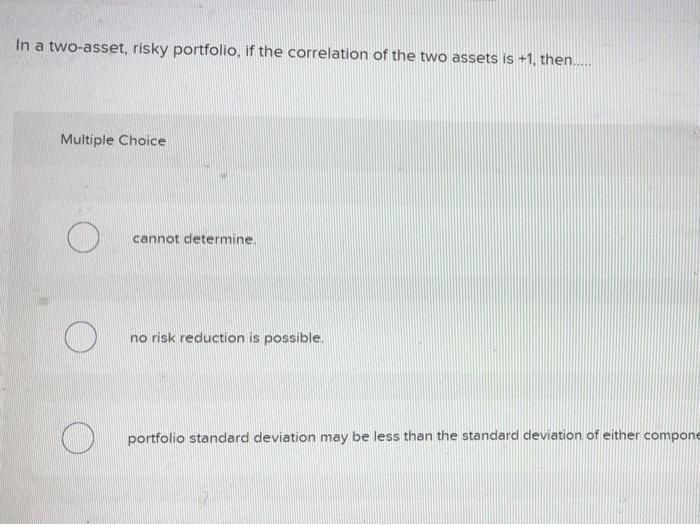 Solved In a two-asset, risky portfolio, if the correlation | Chegg.com