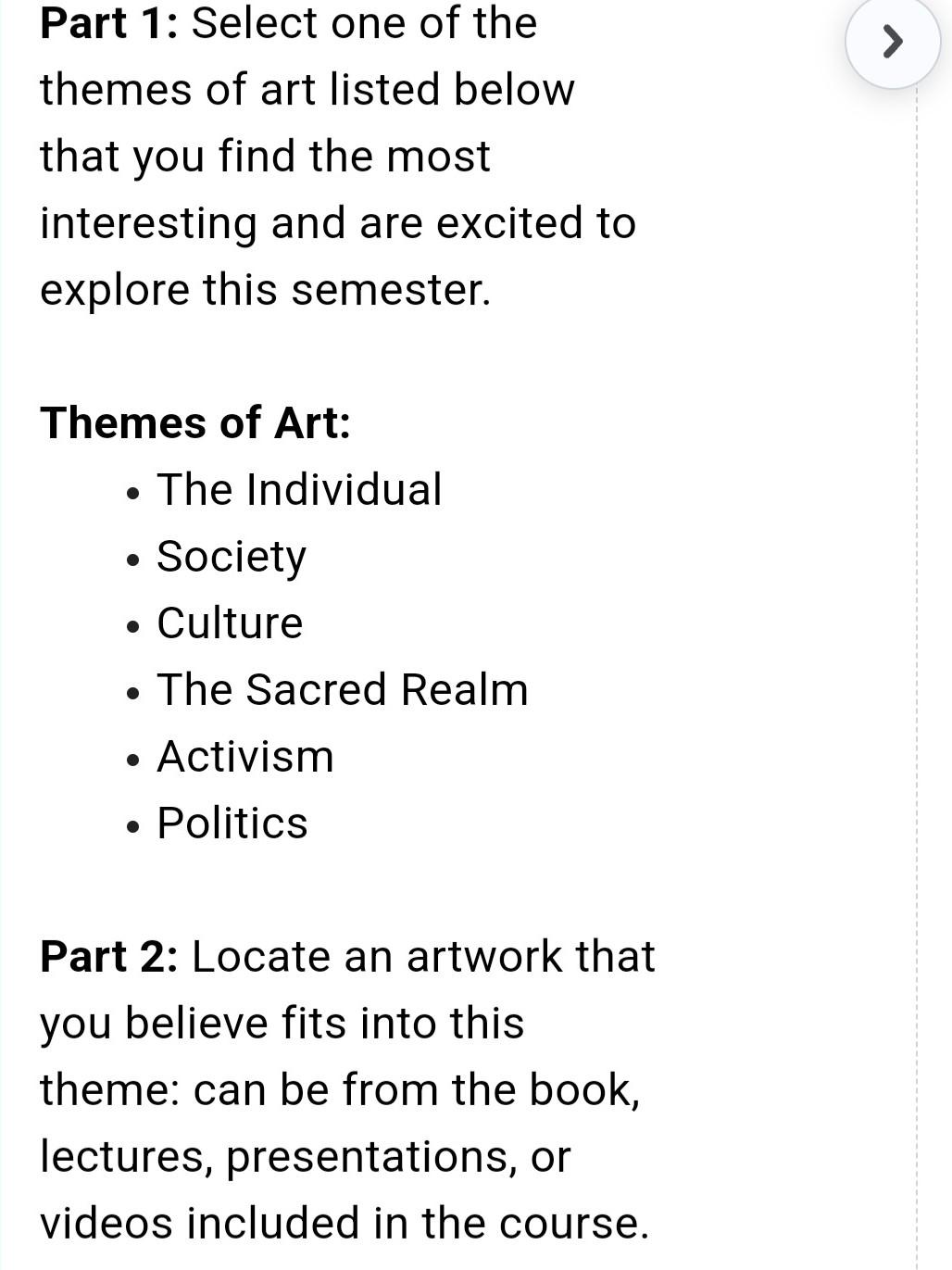 Part 1 Select one of the themes of art listed below