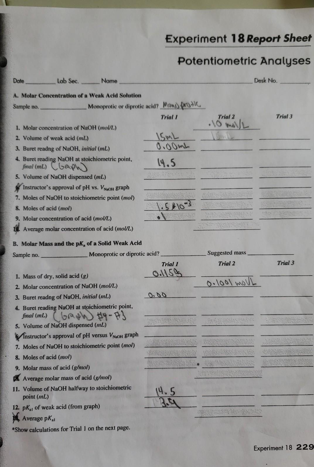 Solved Experiment 18 Report Sheet Potentiometric Analyses