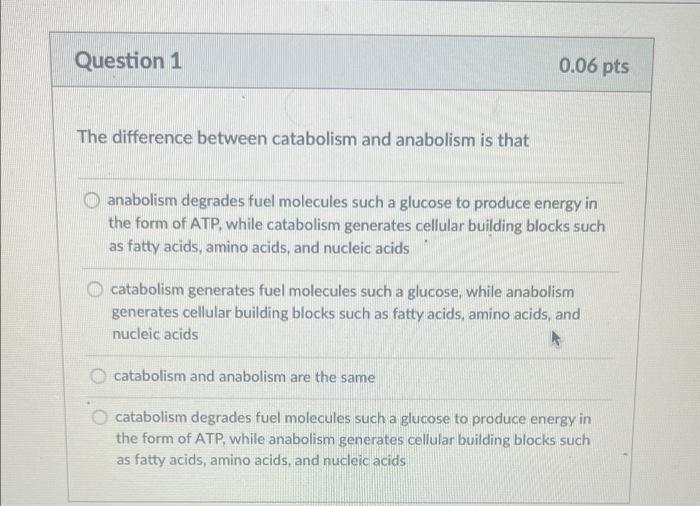 Solved Question 1 0.06 pts The difference between catabolism | Chegg.com