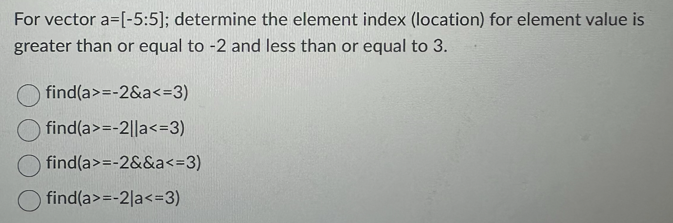 Solved using a function on matlab ﻿For vector a=[-5:5]; | Chegg.com