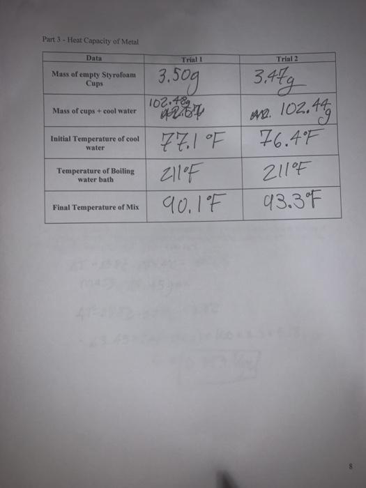 Part 3 Heat Capacity of Metal Data Trial 1 Trial 2