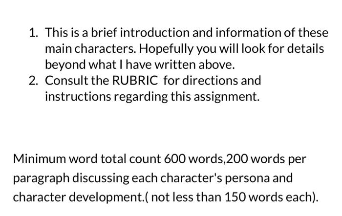 Write short paragraphs on the following characters in | Chegg.com