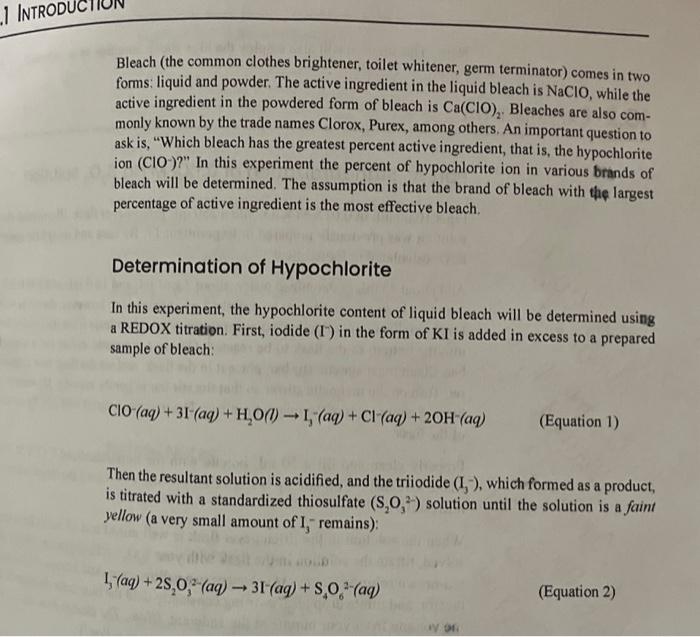 EXPERIMENT 18 Determination of Bleach A Redox