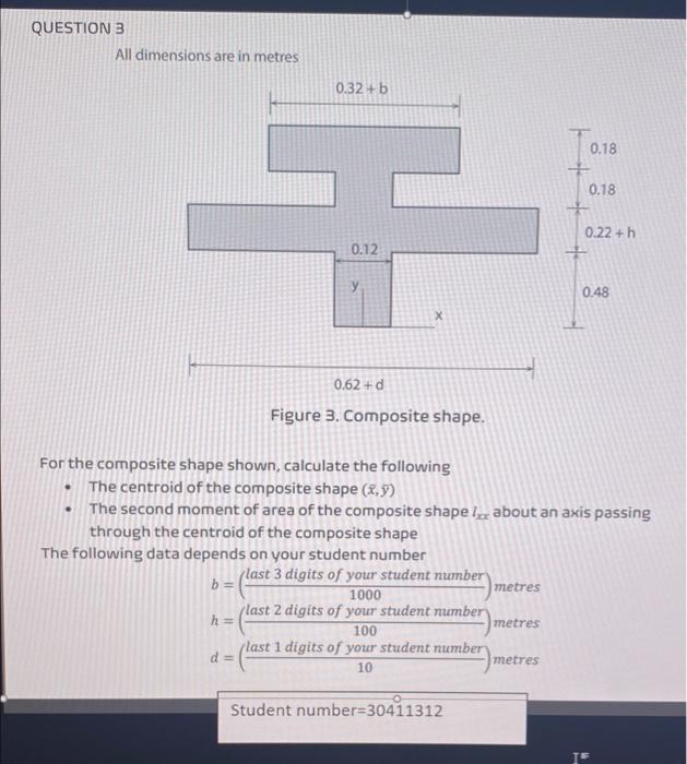 All dimensions are in metres
Figure 3. Composite shape.
For the composite shape shown, calculate the following
- The centroid