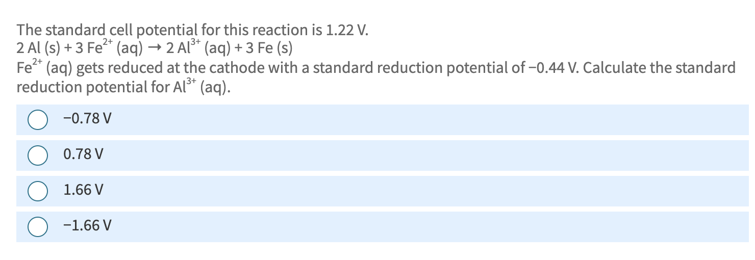 Solved The standard cell potential for this reaction | Chegg.com
