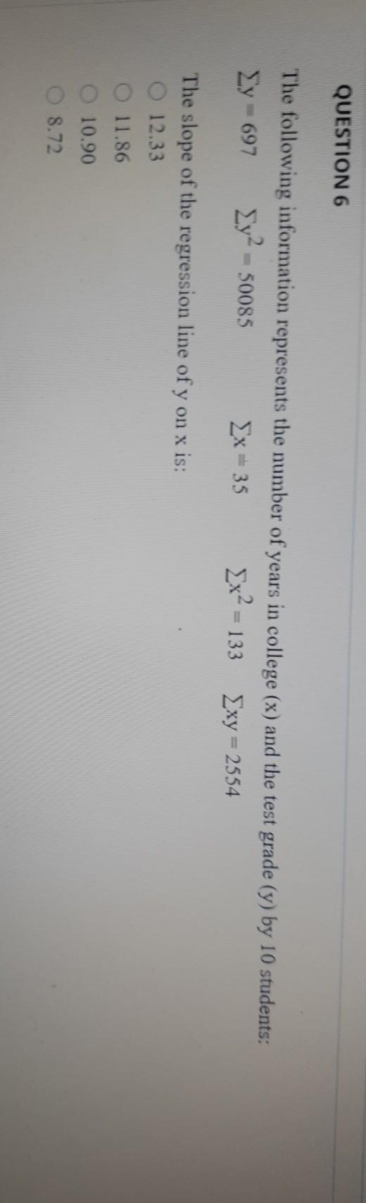 Solved QUESTION 6 The following information represents the | Chegg.com