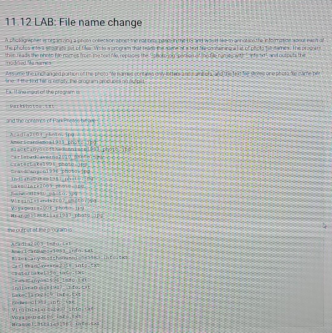 Solved 11.12 LAB: File name change A photographer is | Chegg.com